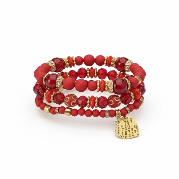 Jewelry - Red Beaded Bracelet Set with Gold Accents